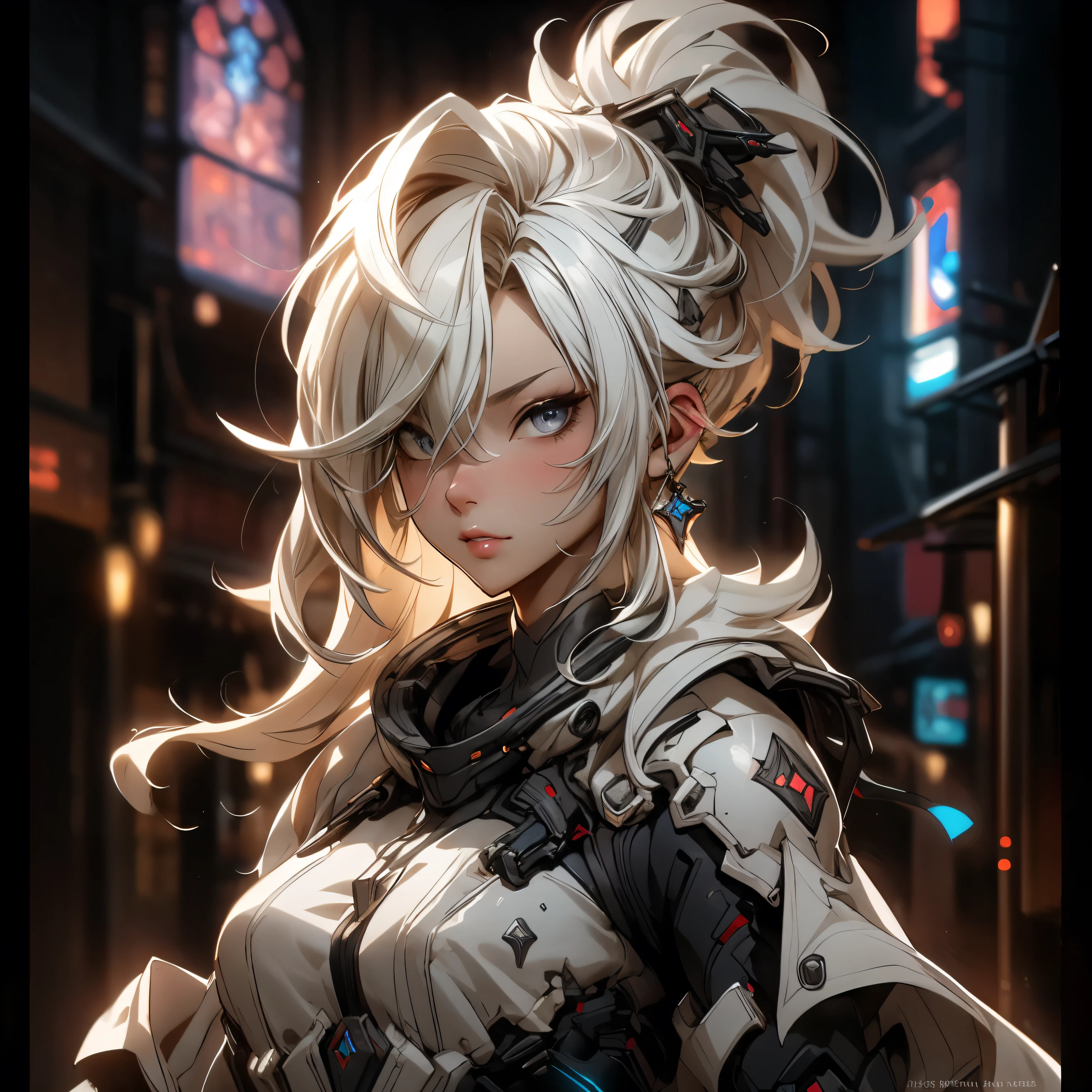 (best quality)), ((Masterpiece)), (details:1.4), 3d, HDR (high dynamic range), an image of a beautiful cyberpunk female, fantasy, Cyberpunk, Medieval, Blonde hair, Highi ponytail, Beautiful white eyes, จมูกโด่ง, ปากแดง, หน้าอกใหญ่, nvidia RTX, PBR surface, After processing, Anisotropic filtration,depth of field, Maximum clarity and clarity, multi-layered surface, Subsurface scattering, perfect proportions, 8K raw files, ultra detailed, Perfect proportions, volumetric lighting, soft lighting, Holy Paladin, Heavy Black Armor, glossy skin, intricate silver embroidery, chapel background, jewely, ต่างหู, นิ้วมือสมบูรณ์,