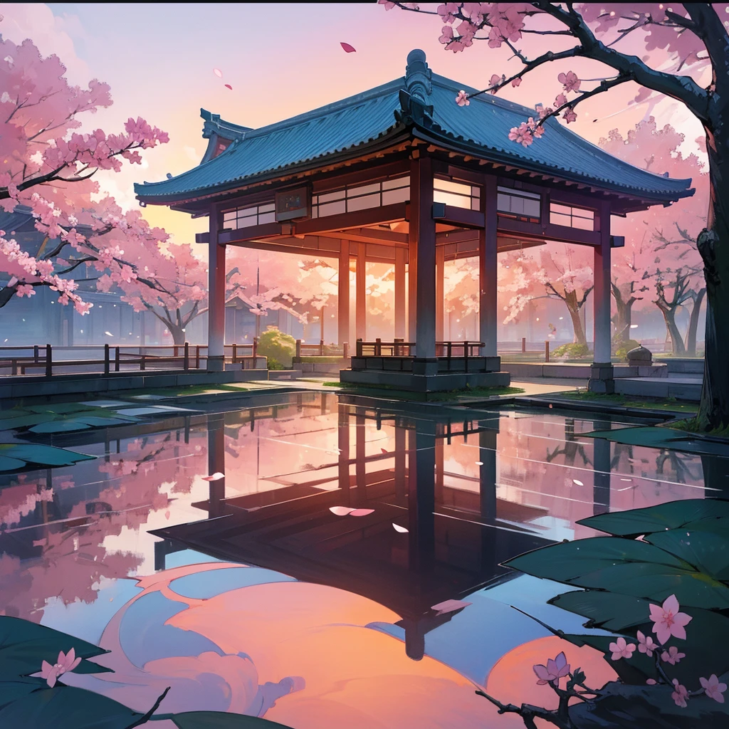 "Generate a breathtaking anime-style background featuring a serene cherry blossom garden at sunset, with delicate pink petals gently falling onto a tranquil koi pond, surrounded by traditional Japanese architecture and lush greenery, all under a warm, soft pink sky with a few wispy clouds."