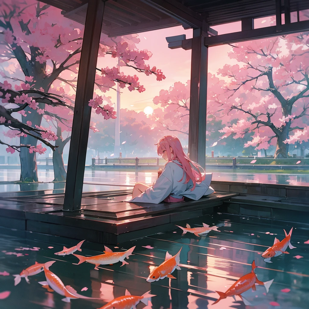 "Generate a breathtaking anime-style background featuring a serene cherry blossom garden at sunset, with delicate pink petals gently falling onto a tranquil koi pond, surrounded by traditional Japanese architecture and lush greenery, all under a warm, soft pink sky with a few wispy clouds."