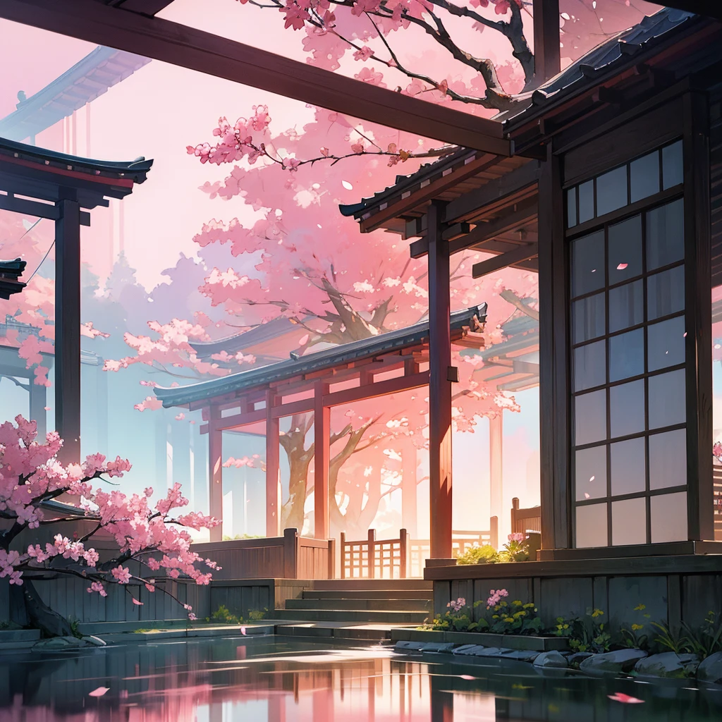 
"Generate a breathtaking anime-style background featuring a serene cherry blossom garden at sunset, with delicate pink petals gently falling onto a tranquil koi pond, surrounded by traditional Japanese architecture and lush greenery, all under a warm, soft pink sky with a few wispy clouds."