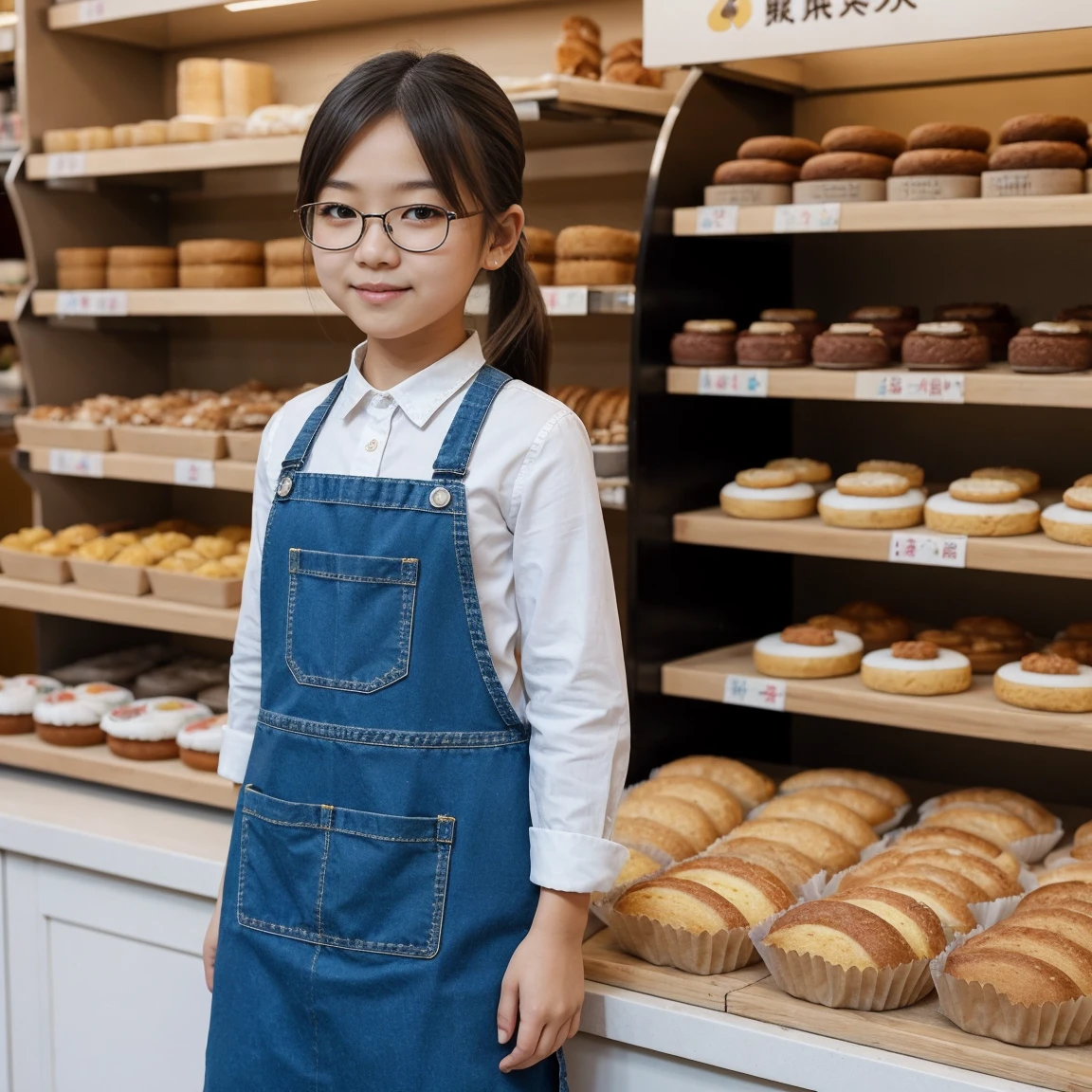 Smiling Korean  boy with shoulder length hair in blue batik facing directly straight, selling crispy fried small fish chips in a county marketplace stall.