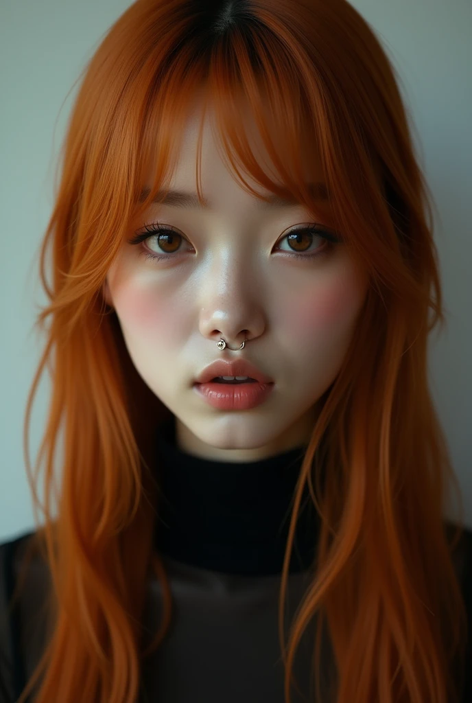 Asian woman with long straight ochre hair and a lip piercing