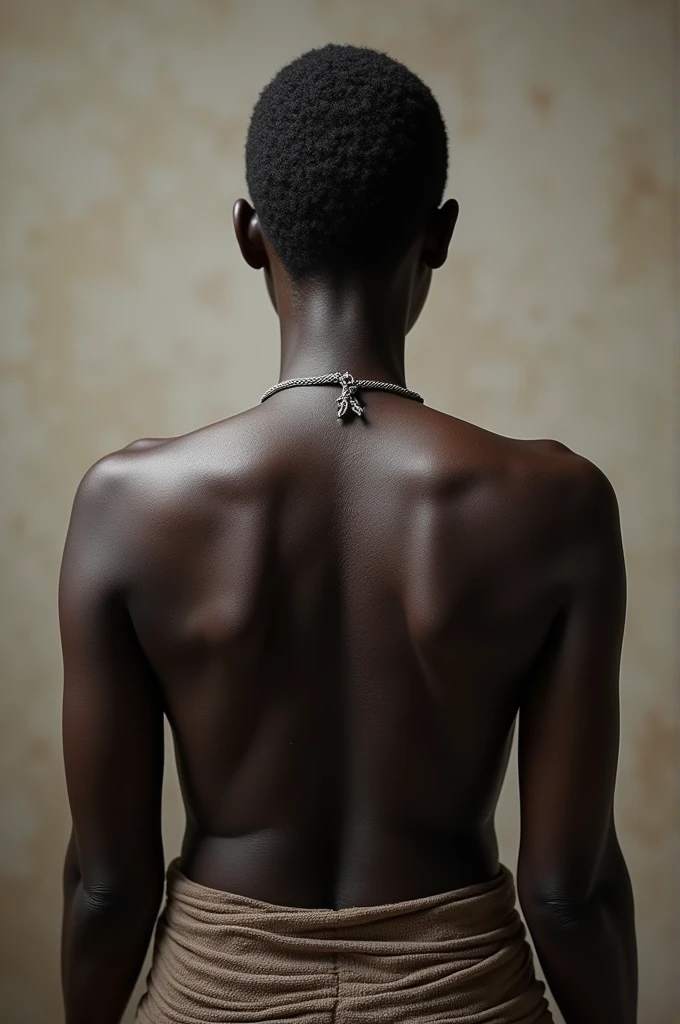 Photorealistic:1.2, 8K, UHD, a portrait photograph of a mature african woman from behind, back view, whipping scars all over her back, very short hair,