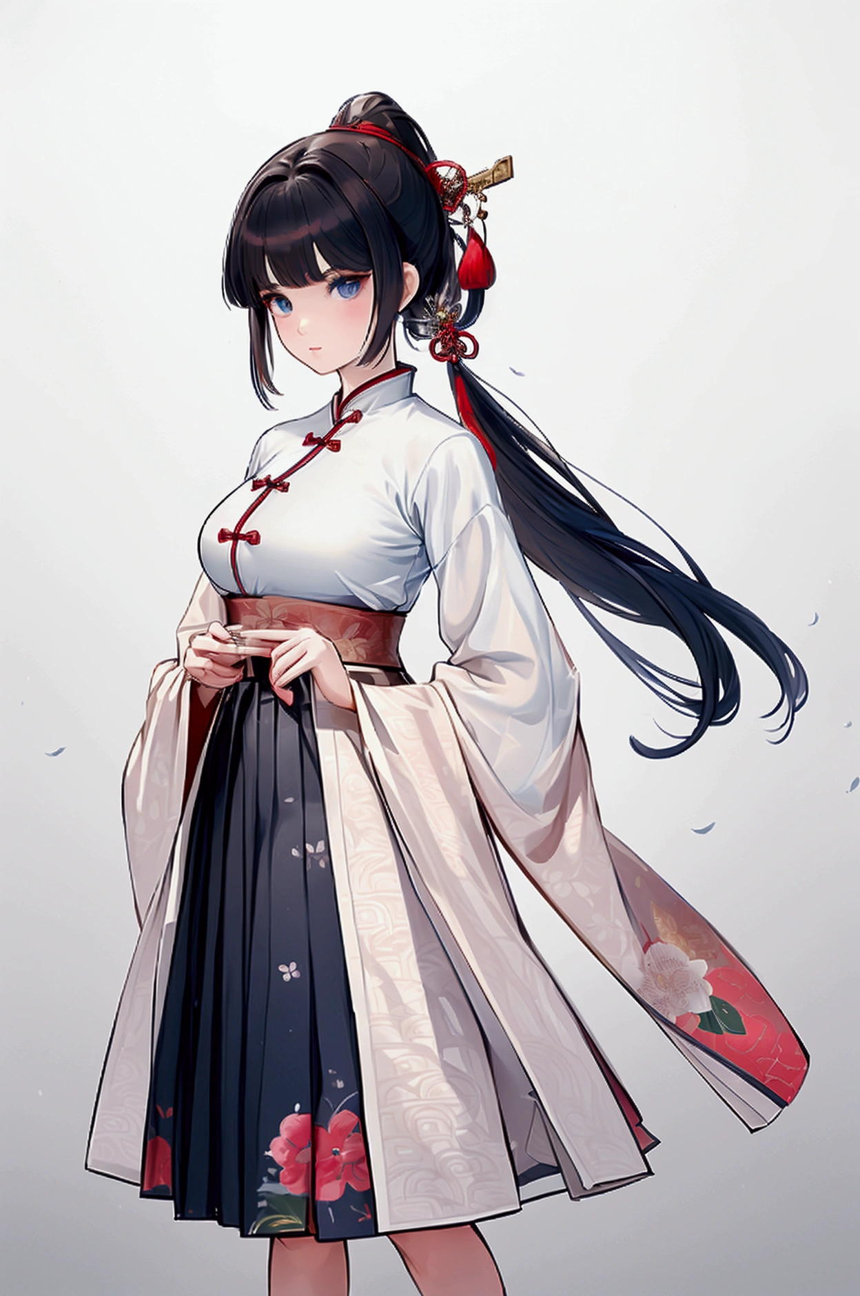 Using the female Saotome Ranma prototype, make a girl,Clear contours, Colorful full body photos, (Beautiful and delicate eyes), (pretty face:1.3), childish face, Red short hair with single ponytail, (Bangs), bumpy Bangs, blue gray eyes, big eyes,Plump breasts,(Clothes Chinese Hanfu)White shirt(fine lace),Fitted light blue chiffon wide-leg, high-waisted, loose and elegant nine-point pleated skirt(Practical:1.2),(Floral Print), (The actual upper and lower body clothes are:3.7 scale),Face the camera head-on,One foot is slightly bent against the calf of the other leg。