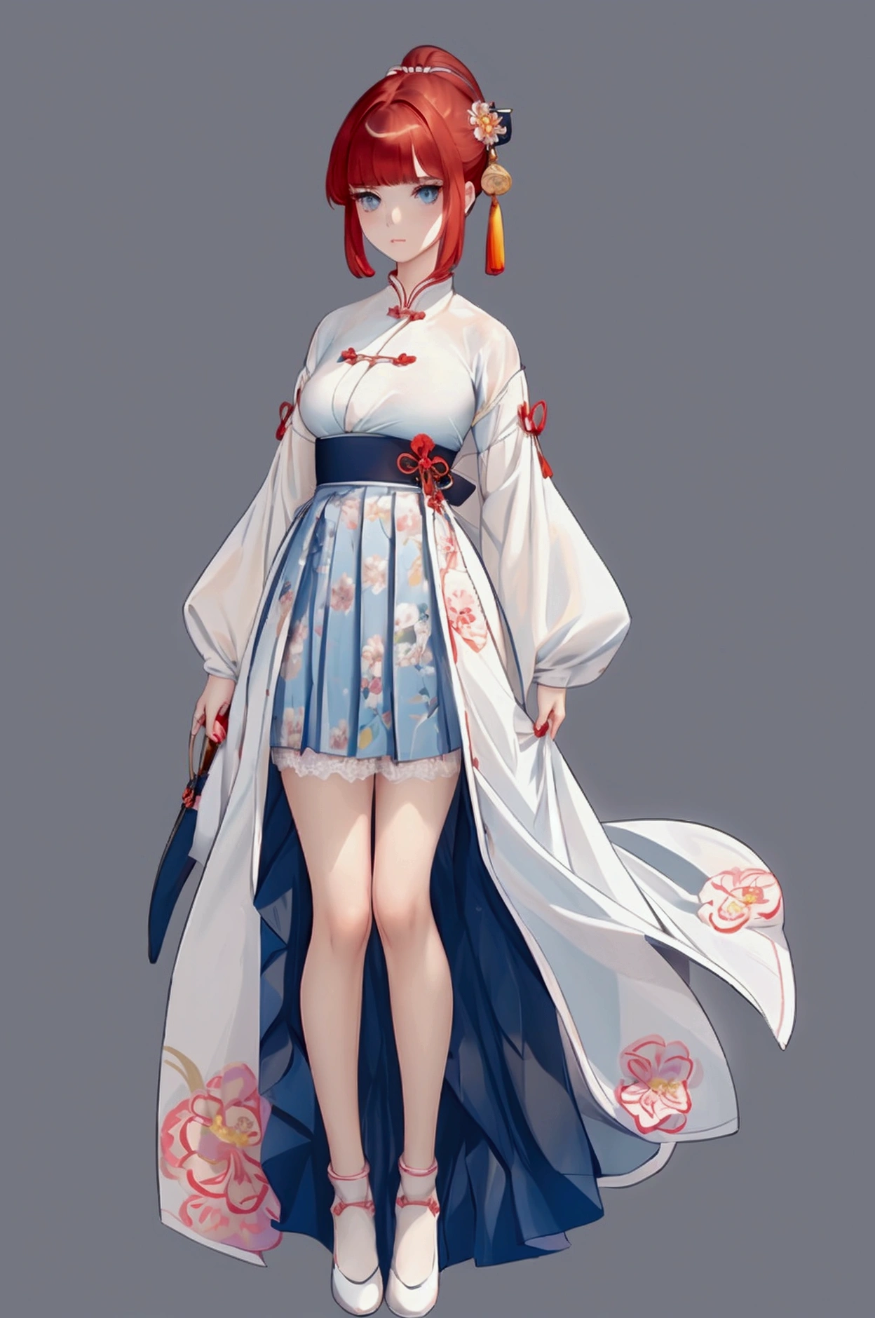 Using the female Saotome Ranma prototype, make a girl,Clear contours, Colorful full body photos, (Beautiful and delicate eyes), (pretty face:1.3), childish face, Red short hair with single ponytail, (Bangs), bumpy Bangs, blue gray eyes, big eyes,Plump breasts,(Clothes Chinese Hanfu)White shirt(fine lace),Fitted light blue chiffon wide-leg, high-waisted, loose and elegant nine-point pleated skirt(Practical:1.2),(Floral Print), (The actual upper and lower body clothes are:3.7 scale),Face the camera head-on,One foot is slightly bent against the calf of the other leg。