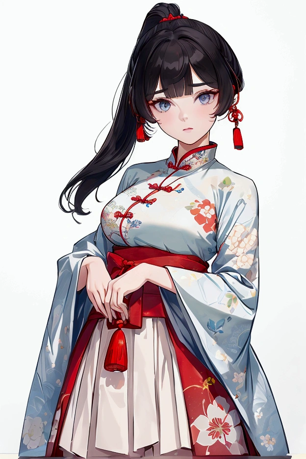 Using the female Saotome Ranma prototype, make a girl,Clear contours, Colorful full body photos, (Beautiful and delicate eyes), (pretty face:1.3), childish face, Red short hair with single ponytail, (Bangs), bumpy Bangs, blue gray eyes, big eyes,Plump breasts,(Clothes Chinese Hanfu)White shirt(fine lace),Fitted light blue chiffon wide-leg, high-waisted, loose and elegant nine-point pleated skirt(Practical:1.2),(Floral Print), (The actual upper and lower body clothes are:3.7 scale),Face the camera head-on,One foot is slightly bent against the calf of the other leg。