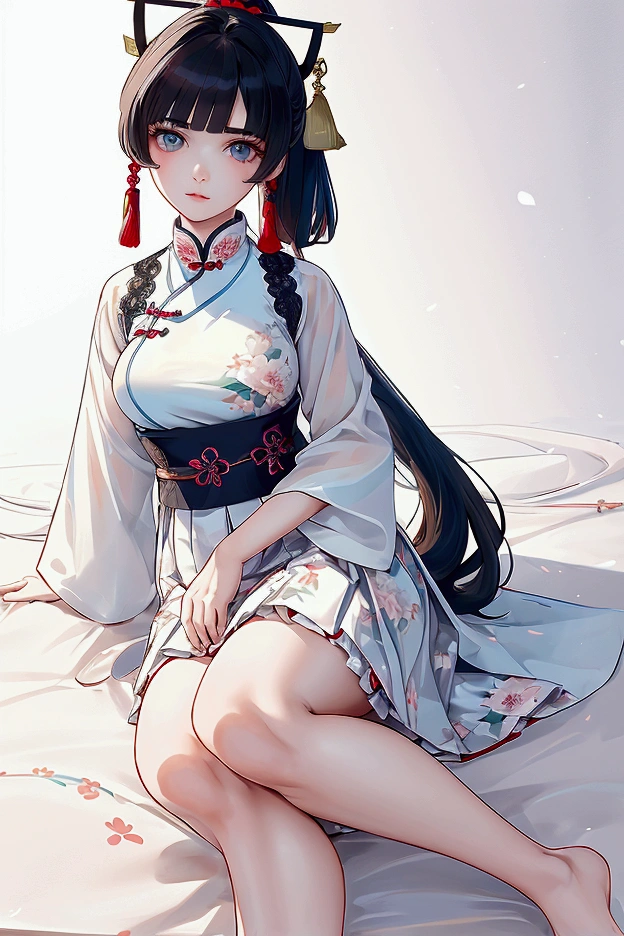 masterpiece、Top image quality、Very delicate and beautiful girl、extremely delicate and beautiful、world masterpiece theater、Ultra-fine、top-quality、A dark-haired、Hi-Res、Very elaborate、girl with、A smile、top-quality、illustratio、The viewer watching、Impasto、canvas、an oil painting、Realism、realisitic、Less exposure、long skirt、Blue china clothes、slit
