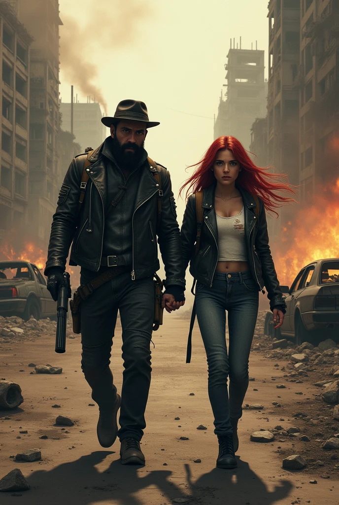 post apocalyptic world, destroyed streets, burned buildings, crashed cars, dark environment, dirty, dusty, dusk, a man and a woman walk hand in hand, man black motorcycle jacket 40 years old black jeans unshaven beard hat balaclava backpack and a weapon, 20-year-old woman, long red hair, very beautiful biker jacket, backpack, short, torn white T-shirt, short T-shirt, jeans, walk with a determined face together hand in hand