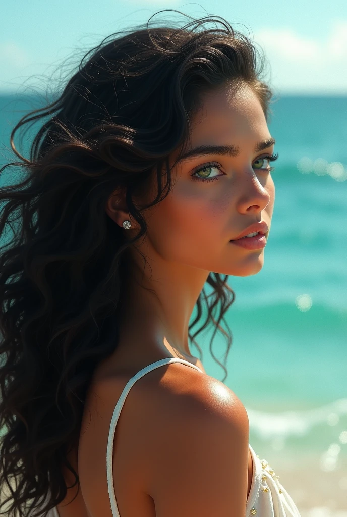 A Brazilian woman with long curly black hair and green eyes and fair skin looking at the sea