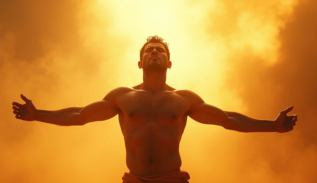 A person standing under the intense, scorching heat of the midday sun, arms spread wide, embracing the challenge with a fearless expression.