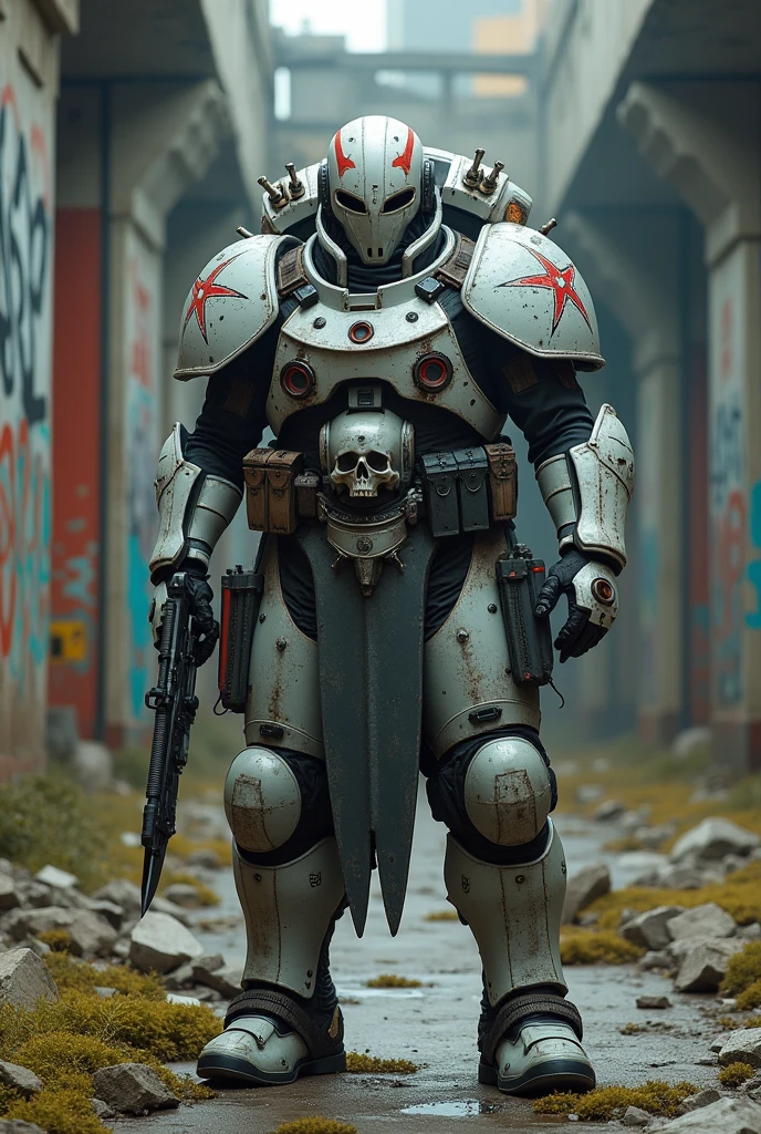 A high-quality, full-body photo of a heavily armored Graffitipunk soldier standing on a rocky, techno-structured surface amid graffiti-laden ruins. The soldier is clad in grey armor with multiple accessories and weapons, including a knife in his right hand and a pistol-like weapon on his left. His white helmet features red markings resembling a pentagram on the front, while his shoulder pads are adorned with a skull-like motif and tubes extending from it. The soldier's outfit is complete with pouches, belts, and other military gear. The scene is surrounded by patches of grass and moldy debris, evoking a dark, cinematic atmosphere., dark fantasy, cinematic, graffiti