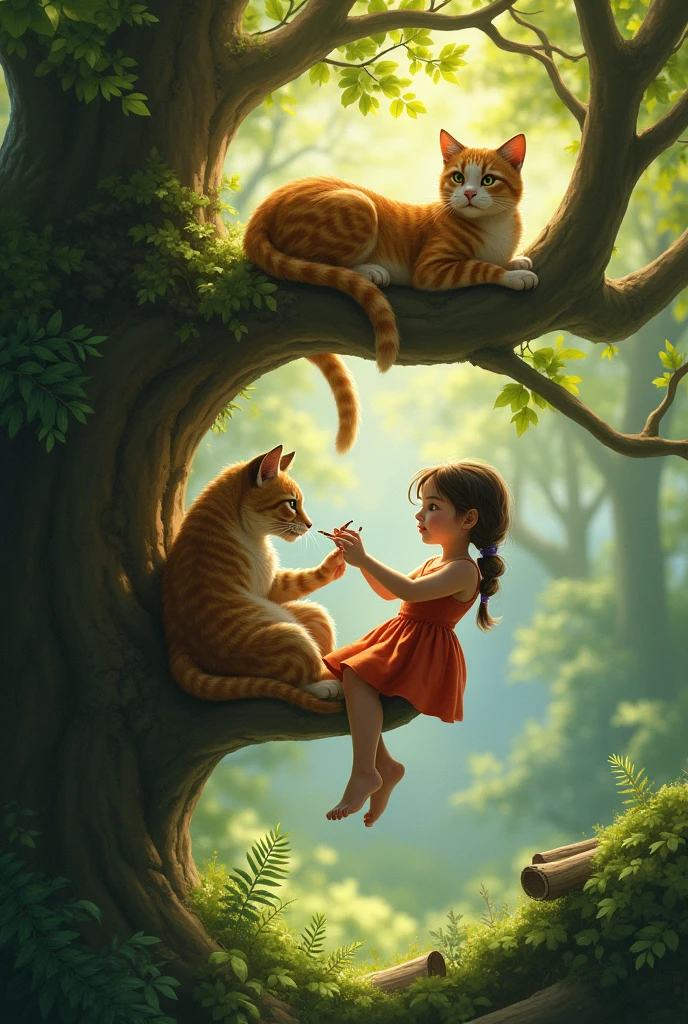 Girl cutting the hair of wild cats in a forest hanging from a tree