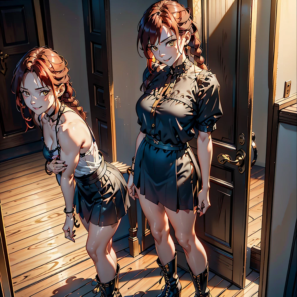 women, Natural redhead with 2 braids, honey yellow eyes, long black nails, chest a little big, mischievous smile, sinister smile, short black skirt, black off shoulder blouse, black shoes with boots, Whole body, standing at the entrance of a house leaning forward at the entrance of a door, plane from above, leaning against the door entrance.