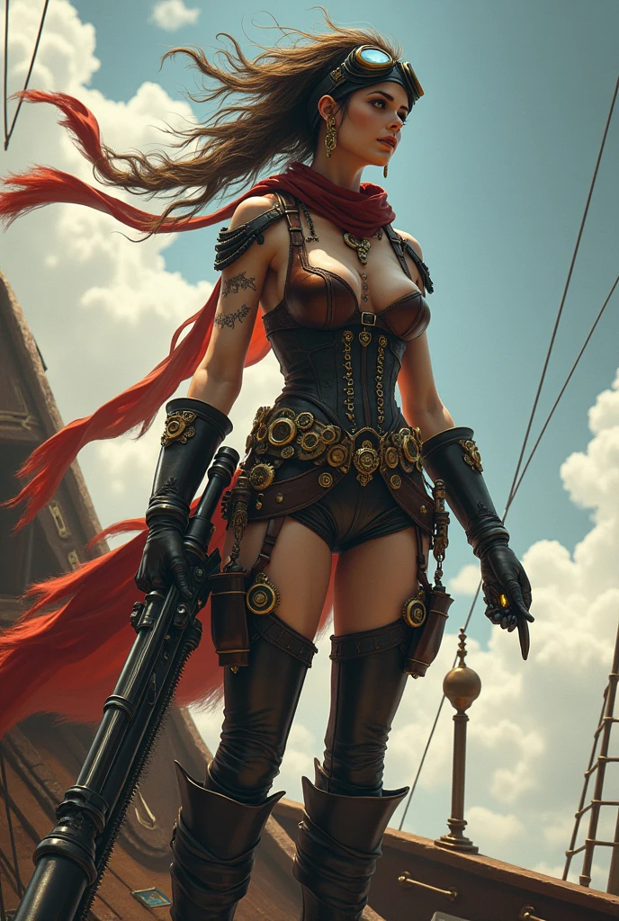 A fierce sky pirate queen, her body clad in a mix of leather and brass, stands atop the deck of her steam-powered airship. Her revealing, corseted outfit is adorned with gears and cogs, leaving her midriff and shoulders bare, showcasing her intricate clockwork tattoos. She wears a pair of aviator goggles pushed up onto her wild, wind-swept hair, with a long, flowing scarf trailing behind her in the breeze. In her hand, she holds a massive, steam-powered rifle, its barrel glowing with heat as she surveys the sky for her next target. The airship, a marvel of steampunk engineering, is surrounded by swirling clouds and distant, floating islands. The overall composition captures the essence of a rebellious and daring sky pirate, commanding her ship with unmatched skill and ferocity. (((sky pirate queen))), (((steam-powered airship))), (((corseted outfit))), (((clockwork tattoos))), (((aviator goggles))), (((floating islands)))