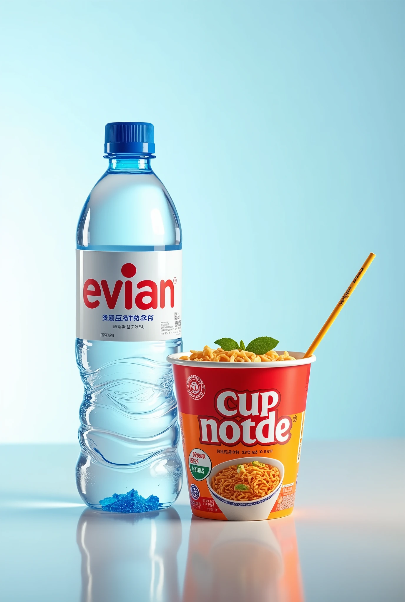 Evian plastic bottle and Nissin Cup Noodles