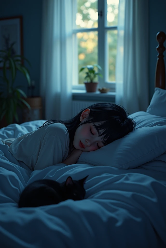 A black girl,sleeping in his dimly lit room,leaving only her straight black hair and bangs visible,your window is open at night,view of the whole room,a black cat sleeping on the bed,realisitic