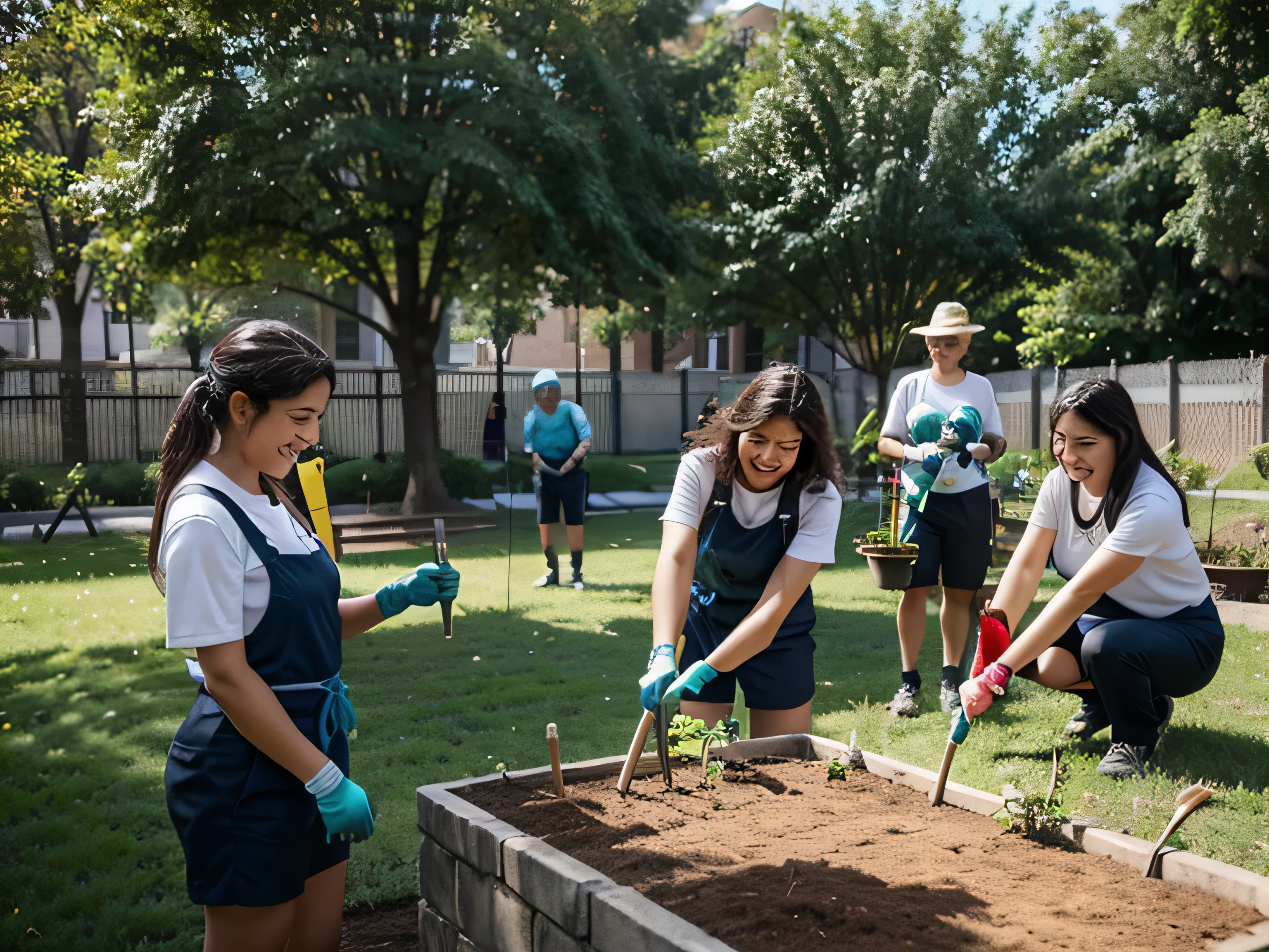In the heart of a bustling city park, a group of enthusiastic volunteers, comprising men and women of varied ages, comes together to participate in a community gardening project. They are seen tending to young plants, equipped with gardening tools and gloves, exhibiting teamwork and joy. Their smiles reflect a shared commitment to enhancing their local environment, demonstrating the power of community engagement in urban green spaces.