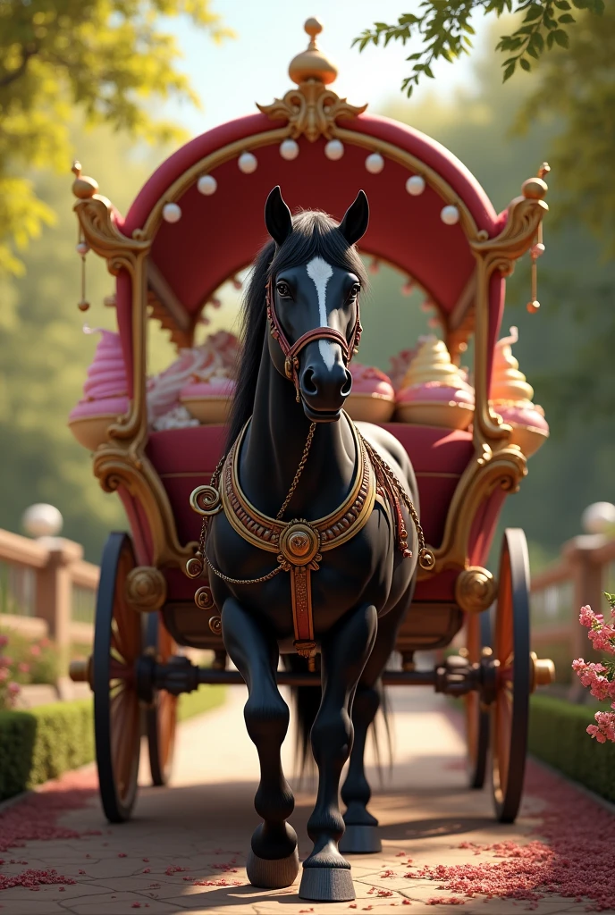 Black purebred horse carriage smiling looking at the camera full of sweets and ice cream