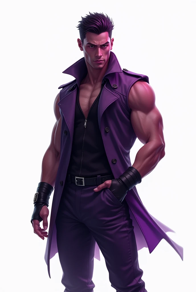 Dynamic style guide, full body image, masterpiece, purple color palette, ultra-detailed, sleeveless trench coat, man, leather wristbands, White background,