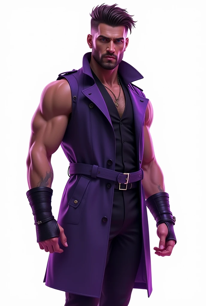 Dynamic style guide, full body image, masterpiece, purple color palette, ultra-detailed, sleeveless trench coat, man, leather wristbands, White background,