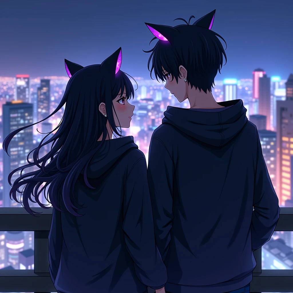 couple anime wearing black hoodie,
with black and purple cat ears, in japan
citylights background, and the girl is black
long hair