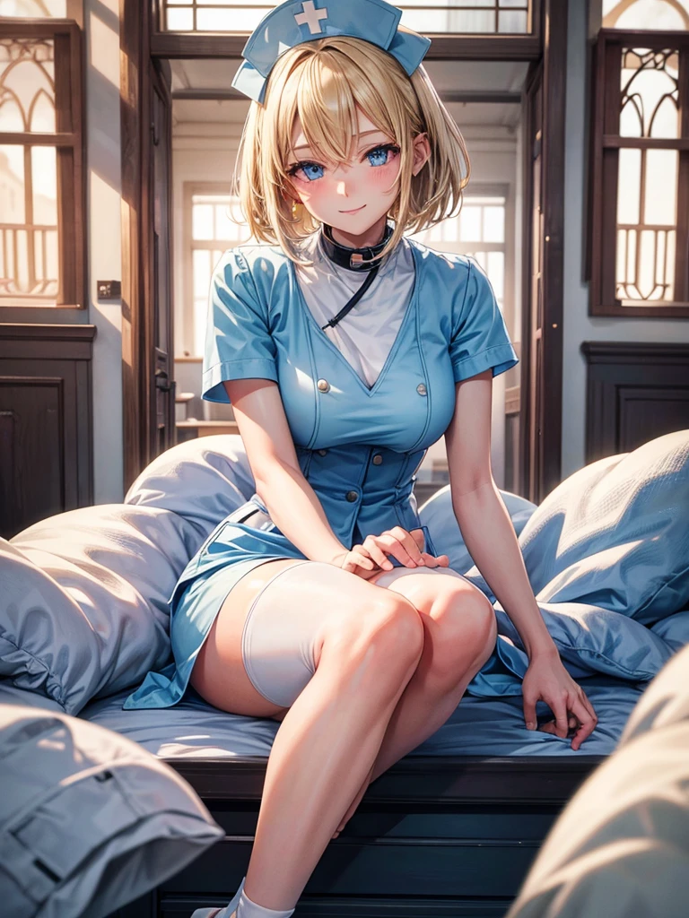 Anime style, super fine illustration, highly detailed, beautiful detailed, perfect detailed, super high quality image, static representation, gentle expression, happy expression, the pretty image, 8k, pretty 1girl with blonde straight short hair & blue eyes & a bright smile & full bust & soft fair skin is a female nurse not to show her skin wearing all white uniform & white tight skirt in the big general hospital, medical equipments, bed, solo, perfect fingers, no more fingers, no less fingers, perfect arms, no more arms, perfect legs, no more legs, masterpiece.