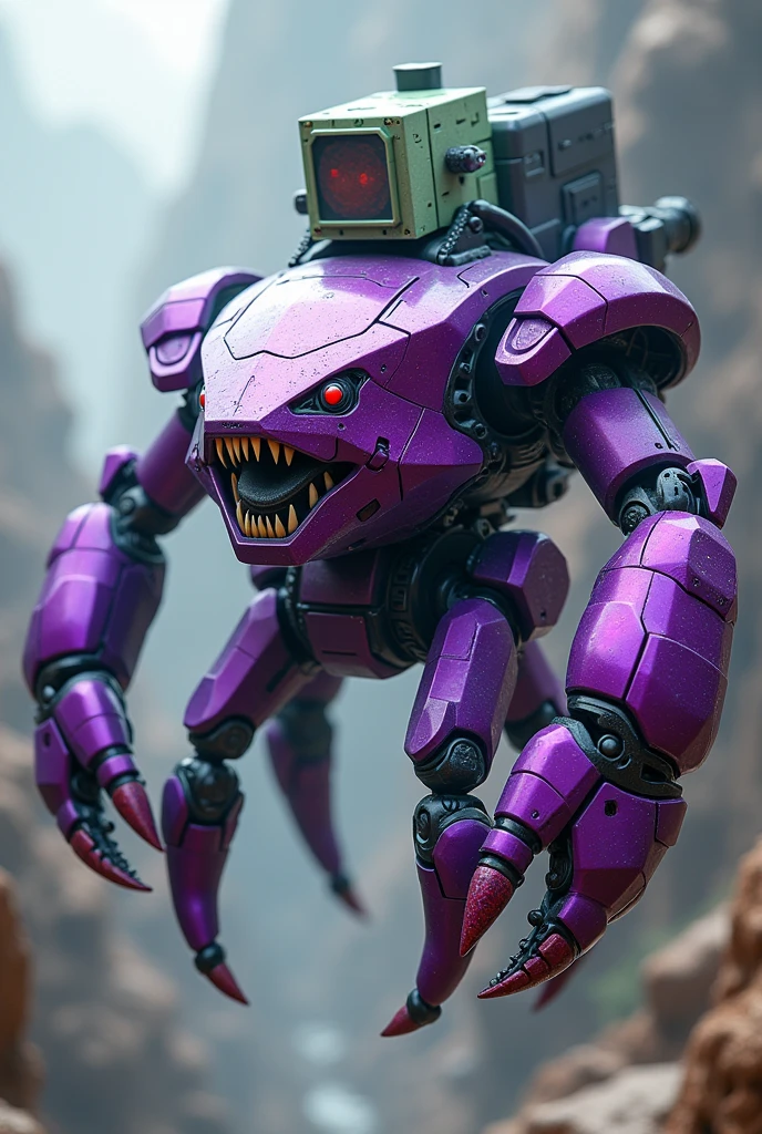 a highly detailed hexagonal prism robot with crab-like legs, red eyes, sharp teeth, a purple crab-shaped body, floating on air. claw hand. high tech design.. big bazooka on back pack.oysters shape..purple and silver color. Claw machine arm. Small green guy cube head on control panel. Real. 4k full hd. High contrast. High shutter speed. Metal zoid concept. Power ranger megazord. Gundam barbatos leg.s