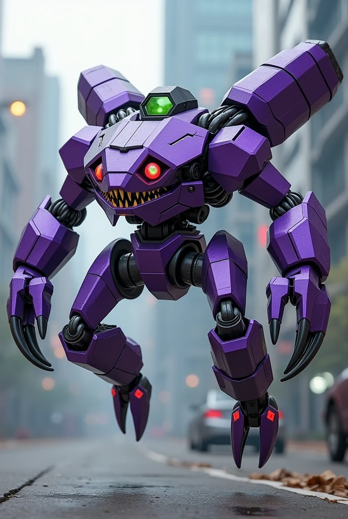 a highly detailed hexagonal prism robot with crab-like legs, red eyes, sharp teeth, a purple crab-shaped body, floating on air. claw hand. high tech design.. big bazooka on back pack.oysters shape..purple and silver color. Claw machine arm. Small green guy cube head on control panel. Real. 4k full hd. High contrast. High shutter speed. Metal zoid concept. Power ranger megazord. Gundam barbatos leg.s
