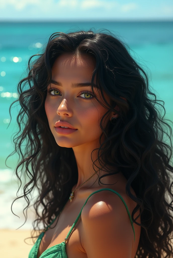 A Brazilian woman with long curly black hair and green eyes and fair skin looking at the sea