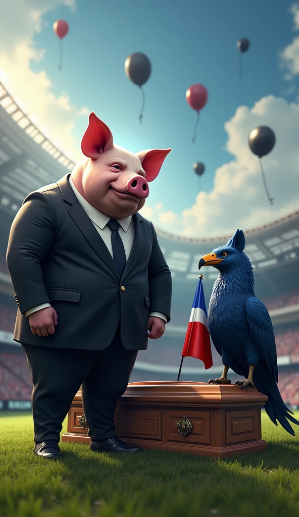 A muscular pig, puffed out chest, wearing a black suit, inside a soccer stadium, next to a muscular rooster bird, wearing a black suit, next to a blue male fox, with a muscular puffed out chest, wearing a black suit, next to a muscular vulture, with a puffed out chest, wearing a black suit, everyone is sad seeing a coffin with a flag over it in the colors blue, white, red, black balloons flying in the wind