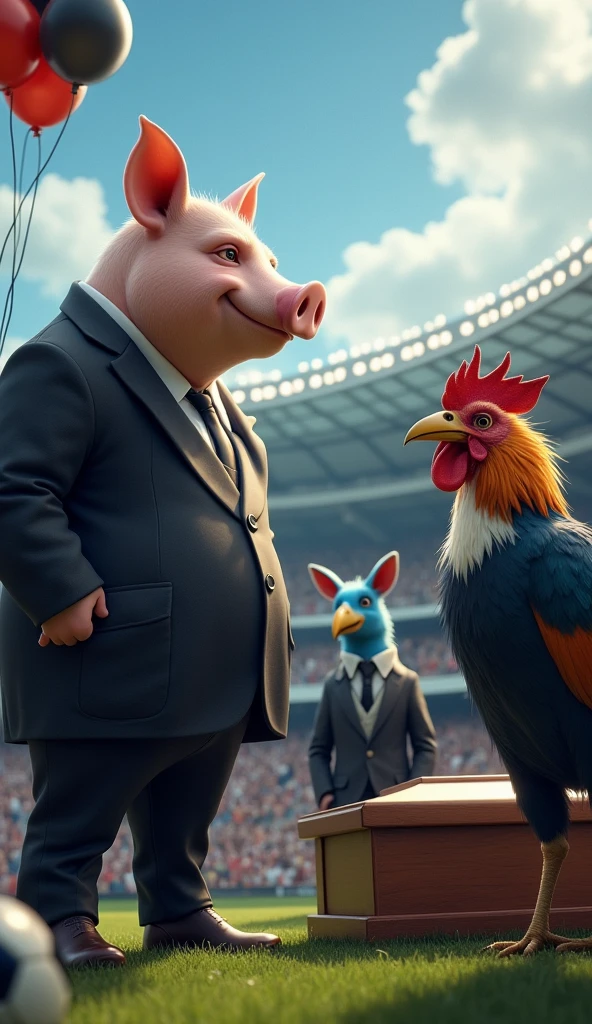 A muscular pig, puffed out chest, wearing a black suit, inside a soccer stadium, next to a muscular rooster bird, wearing a black suit, next to a blue male fox, with a muscular puffed out chest, wearing a black suit, next to a muscular vulture, with a puffed out chest, wearing a black suit, everyone is sad seeing a coffin with a flag over it in the colors blue, white, red, black balloons flying in the wind