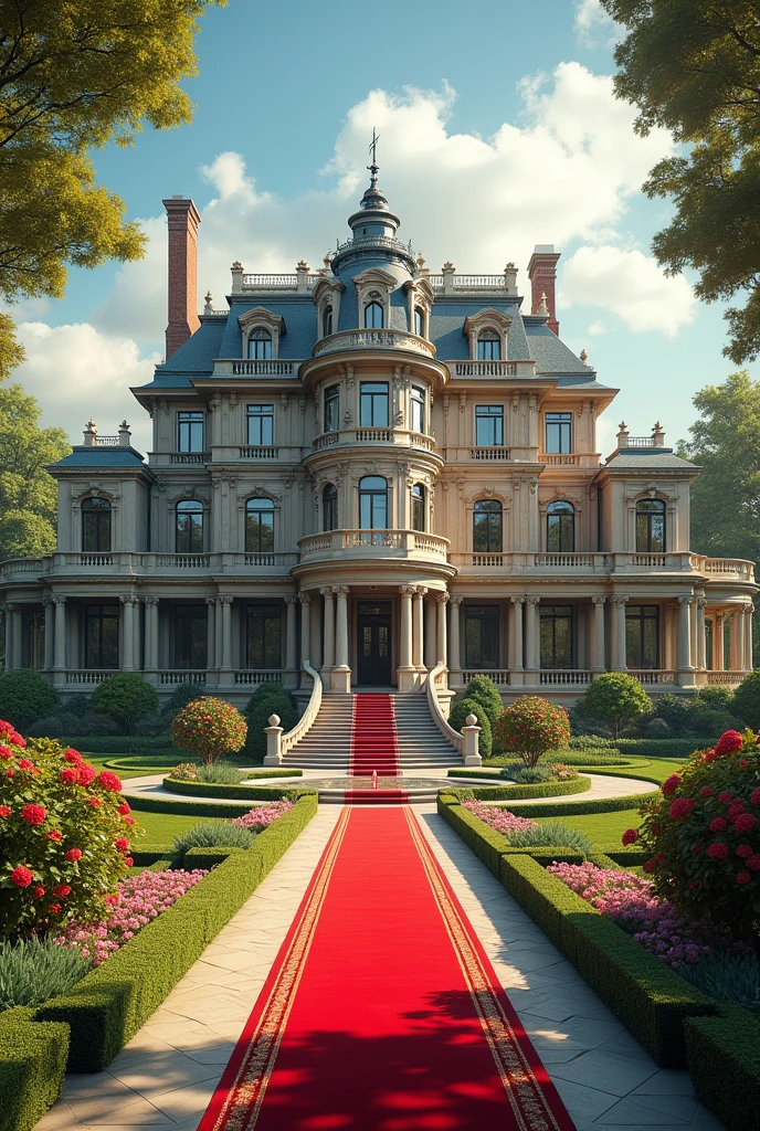 A luxurious lengthy very big mansion the building has architecture and the compound sorounded with flowers,grass and other nature with red carpets I want it to be on it's own but connected to some buildings to make a classy appearence I want a full view