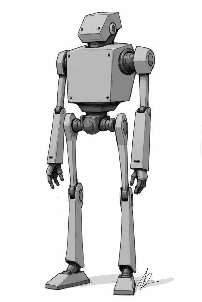 SIMPLE 2D sketch of a robot, just a stroke as if it were done by hand with a black marker that looks forward with the following description: Metallic grey color, tall height, thick build, Long limbs simpler SIMPLER, WHO LOOKS AHEAD

