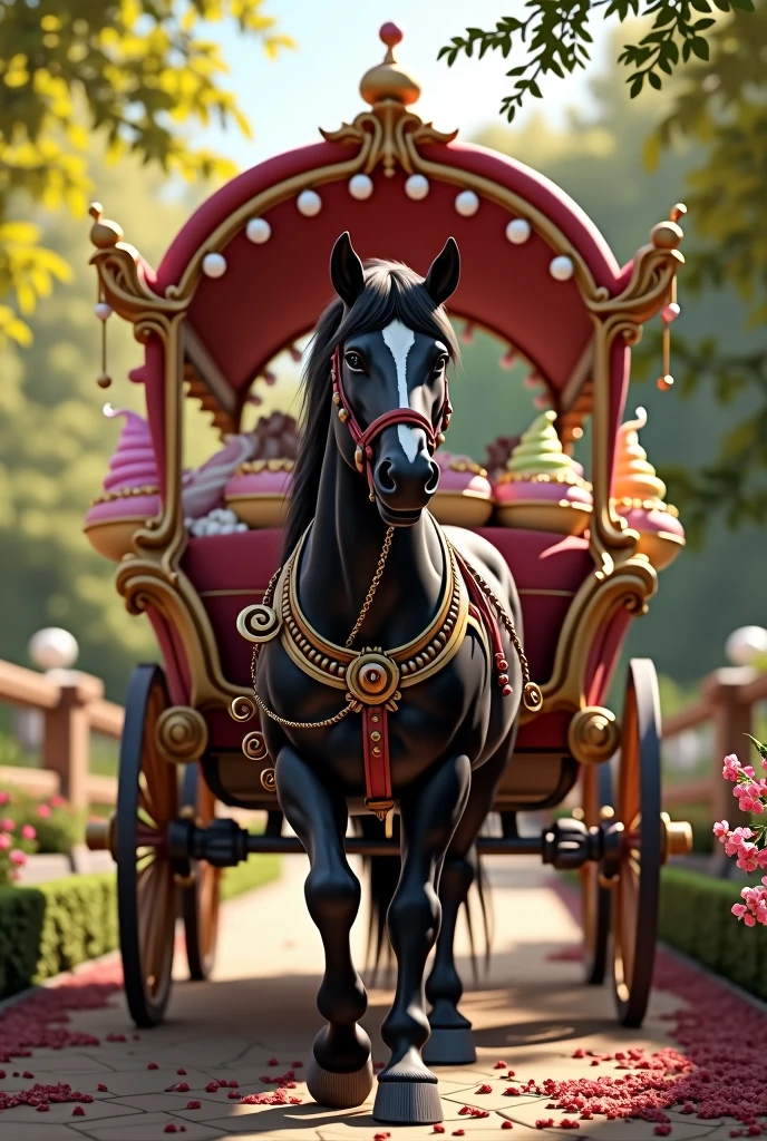Black purebred horse carriage smiling looking at the camera full of sweets and ice cream