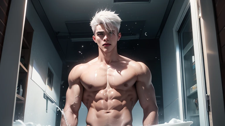 A young boy with white hair，fair skin，handsome，The triangle briefs are wet, so I took half of them off.，裸上半身Soaked in milk，Showing six-pack abs and chest muscles with water droplets on them，Soaked in milk，纖細長腿Soaked in milk，There is a big protrusion from below and milk is spurting out，Soaked in milk，Tilting their head back, they wore an expression of comfort.，Milk flows from the corners of the mouth，Sticking out tongue，Drinking milk，Very shy expression，Milk flows from the corner of the mouth，covered in milk，soak in milk，There&#39;s milk on your face too，Milk flows from the corners of the mouth，身上Soaked in milk，Complete character，To the light，The light shines on the abdominal muscles，milk everywhere