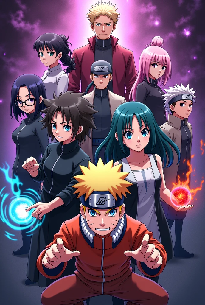 I create a purple wallpaper containing the anime characters satoru gojo, HOW TO, Naruto, were, itadori, hinata, Emma de Tokyo Revengers, Nezuko, sakura, 
