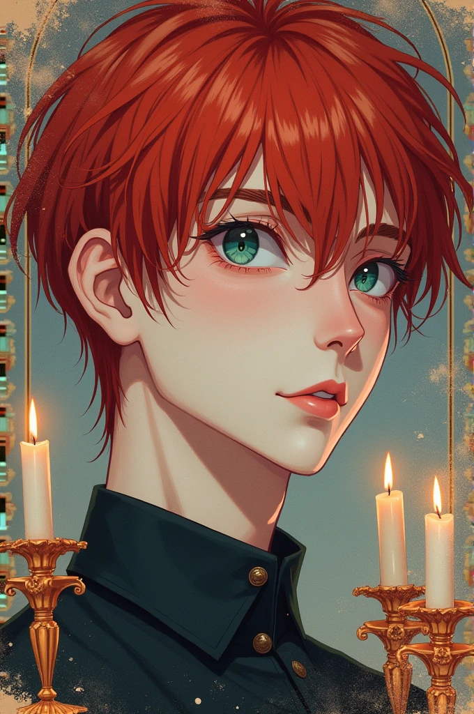 semi-realism, digital art, niji, concept art, masterpiece, anime, illustration, focus on the face, high detail, volumetric watercolor, surrealism, grunge, Men, count, rococo, almond-shaped eyes, very long eyelashes, white skin, blush, red hair, candles, delicate colors, aesthetic, aesthetic