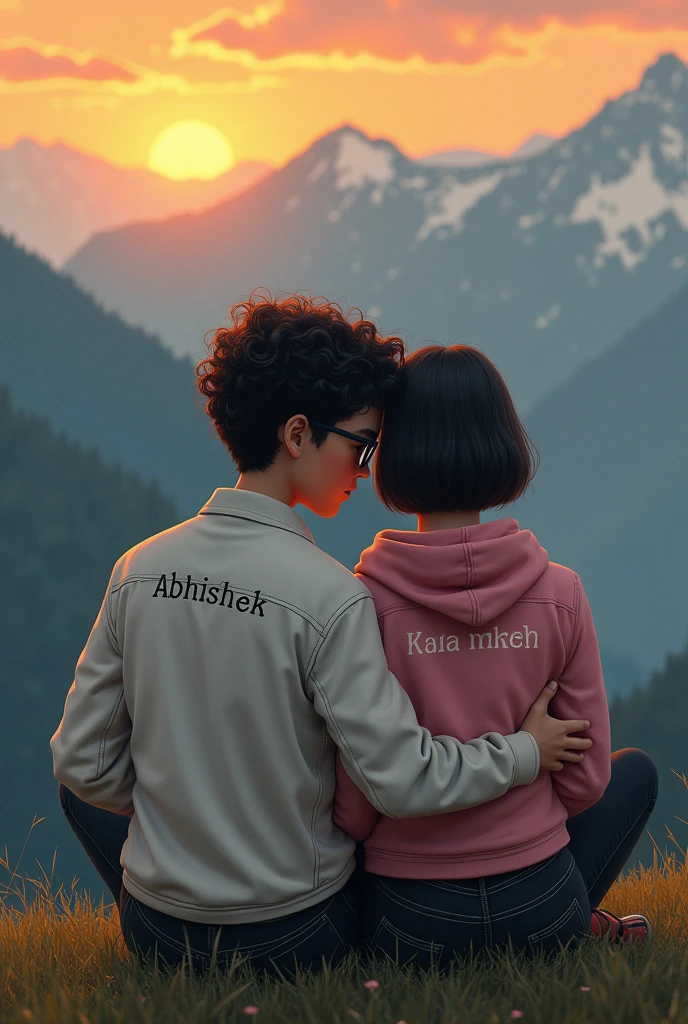 A handsome sad boy, and a beautiful sad girl sitting on the mountain hill, boy wearing white jacket, black jeans, Curley hair, wearing watch, and eyeglasses, girl wearing black jeans, pink hoodie, short silky hair, evening sunset, mountain hill in background, evening sunset, written 'Abhishek' in backside of boy jacket, and written 'kashish' in backside of girl hoodie. Boy and girl giving cute hug each other Alphonse Mucha