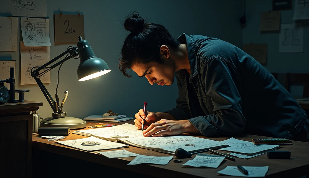 A person working passionately at a project late into the night, with intense focus and scattered notes, drawings, and ideas around them, representing madness and relentless drive.