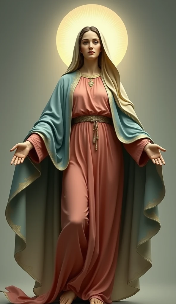 a very beautiful Virgin Mary, whole body, Reddish beige tunic, bluish-beige cloak and veil, Halo