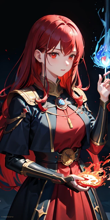 masterpiece、One girl, Red hair, Golden Eyes, Fire and Ice Witch,Blue flame effect on the right hand and red flame effect on the left hand, Particles of light,  High Contrast, colorful,