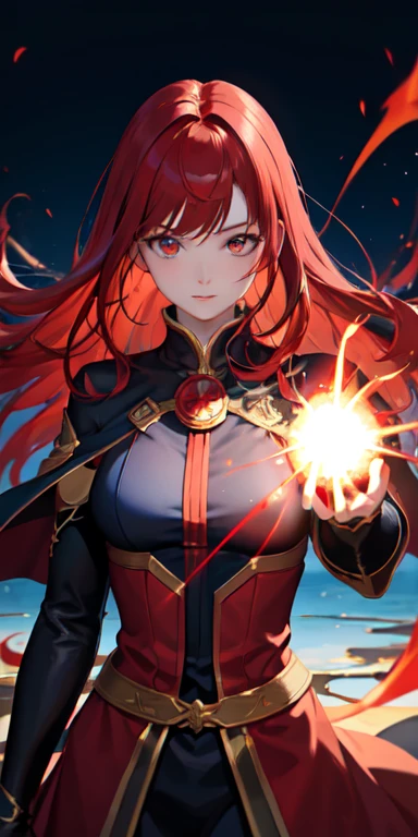 masterpiece、One girl, Red hair, Golden Eyes, Fire and Ice Witch,Blue flame effect on the right hand and red flame effect on the left hand, Particles of light,  High Contrast, colorful,