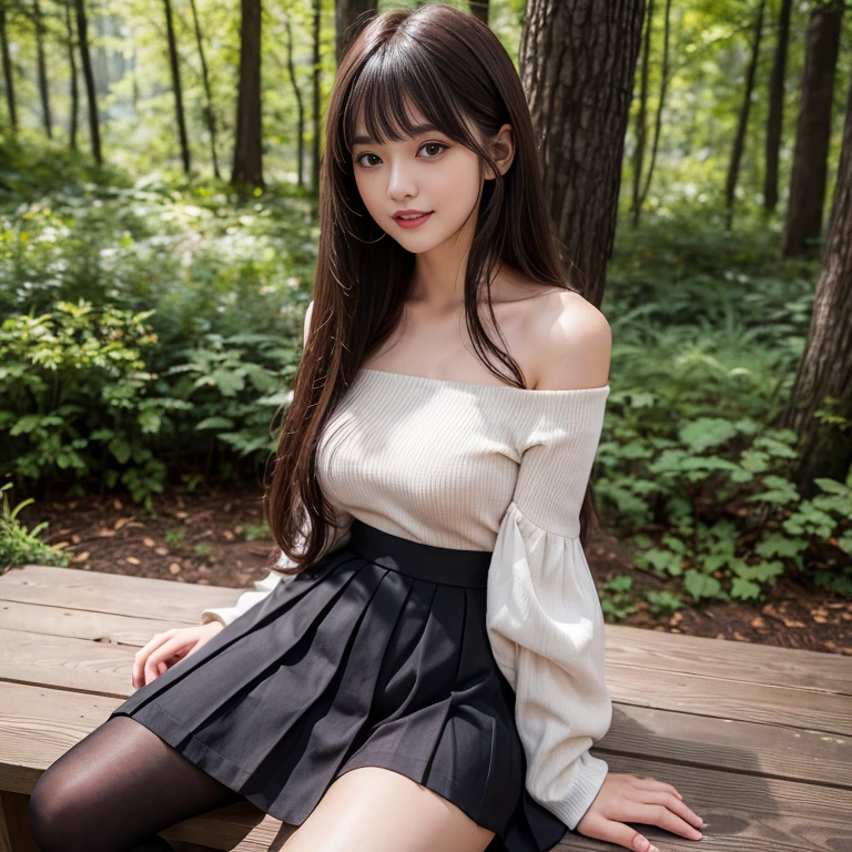 long skirt,skirt,Wearing a pleated skirt, （Wear black stockings）,(knee shot), 1 female, On the face, laughing out loud, light brown hair, blunt bangs, hair behind ears, Shoulder length hair, long hair, Slender body type, 超face slimming型, face slimming, delicate lips, beautiful eyes, Thin blush, Eyes are light brown,Check it out here, (actual:1.3), Coniferous forest, One person's perspective, 8k, on the table, , Super detailed, high quality, best quality, High resolution, ，Large Breasts，H Cup, Off-shoulder tops，