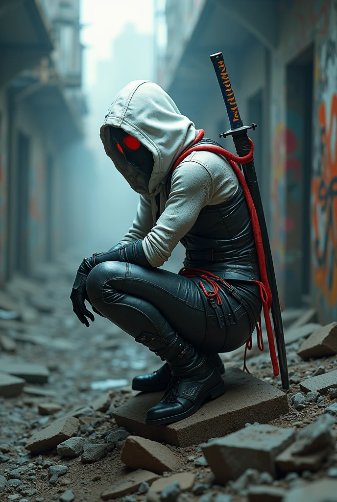 A captivating graffitipunk-inspired HDR scene featuring a futuristic figure crouched on a pointed structure amidst dark, ethereal graffiti-laden ruins. The figure dons an elaborate outfit: a white hooded cloak, a form-fitting black and white bodysuit adorned with intricate patterns, and various mechanical elements seamlessly integrated into the attire. Their identity remains a mystery, concealed by a mask with red eye lenses. The katana slung across their back features a vibrant blue and yellow handle, while red and white ribbons and cables intertwine around the body, connecting different parts of the attire. The foreground reveals rubble and debris, enhancing the cinematic dark fantasy atmosphere., cinematic, graffiti, dark fantasy