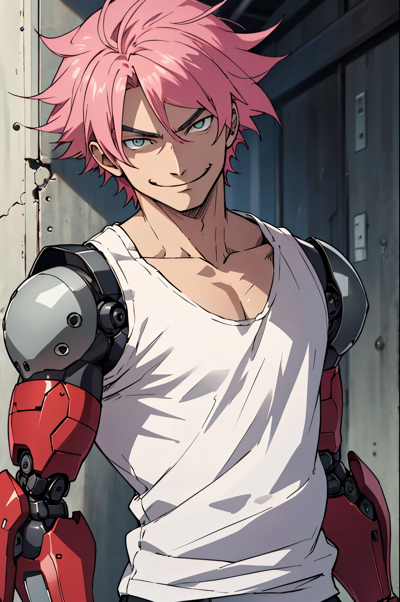 1boy, white tank top, ((skinny)), short, crazy eyes, evil smirk, has red robotic arms instead of arms, pink hair, good composition, (anime), wanostyle