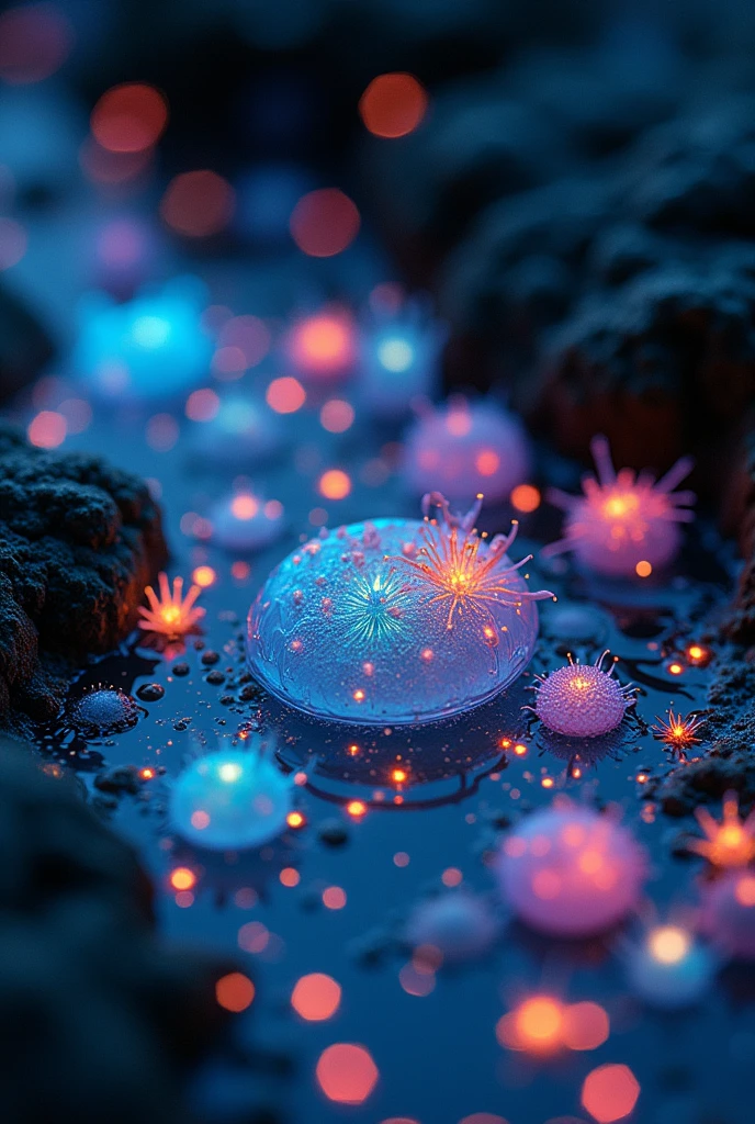 colorful, highly detailed macro shot of the complicated happy miniature  luminiscent life in a puddle, at night 