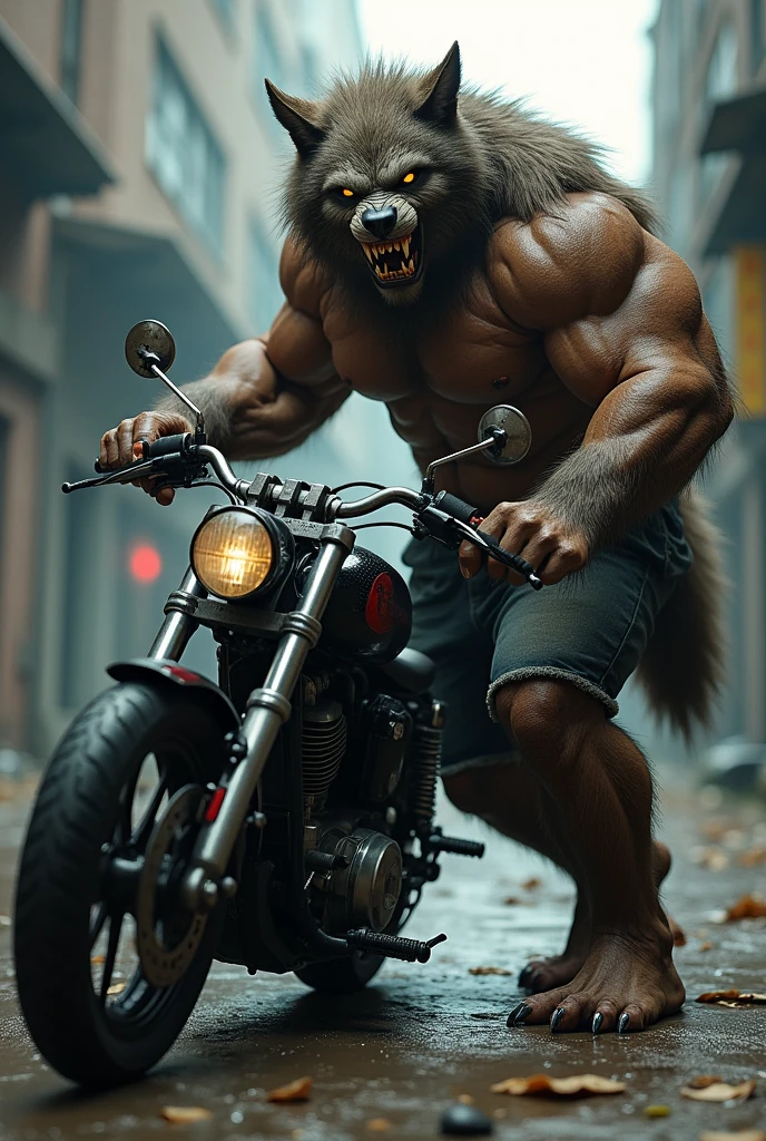 A fat werewolf man with nearly nothing on, bent over a bike turns his head and notices the camera