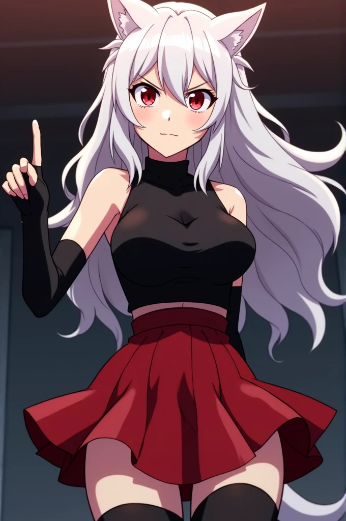 Screenshot of My Hero Academia, girl with white wavy hair and red eyes, a Wolf Cut style cut, Serious look with a black top and a red mini skirt with black stockings and black fingerless gloves, with big breasts