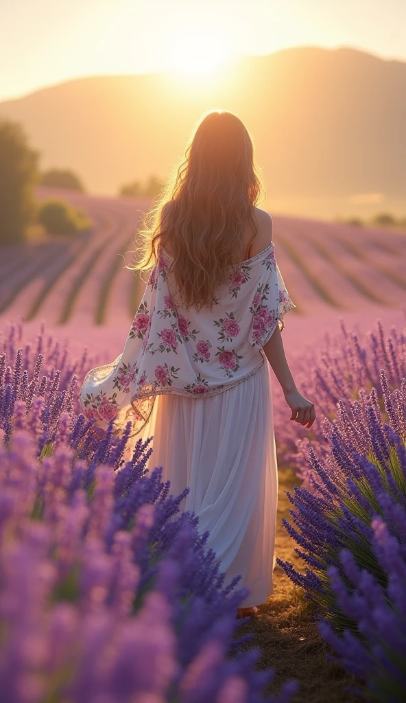 woman with Long hair, wearing long skirt, floral blanket in a field of lavender flowers, warm sun.