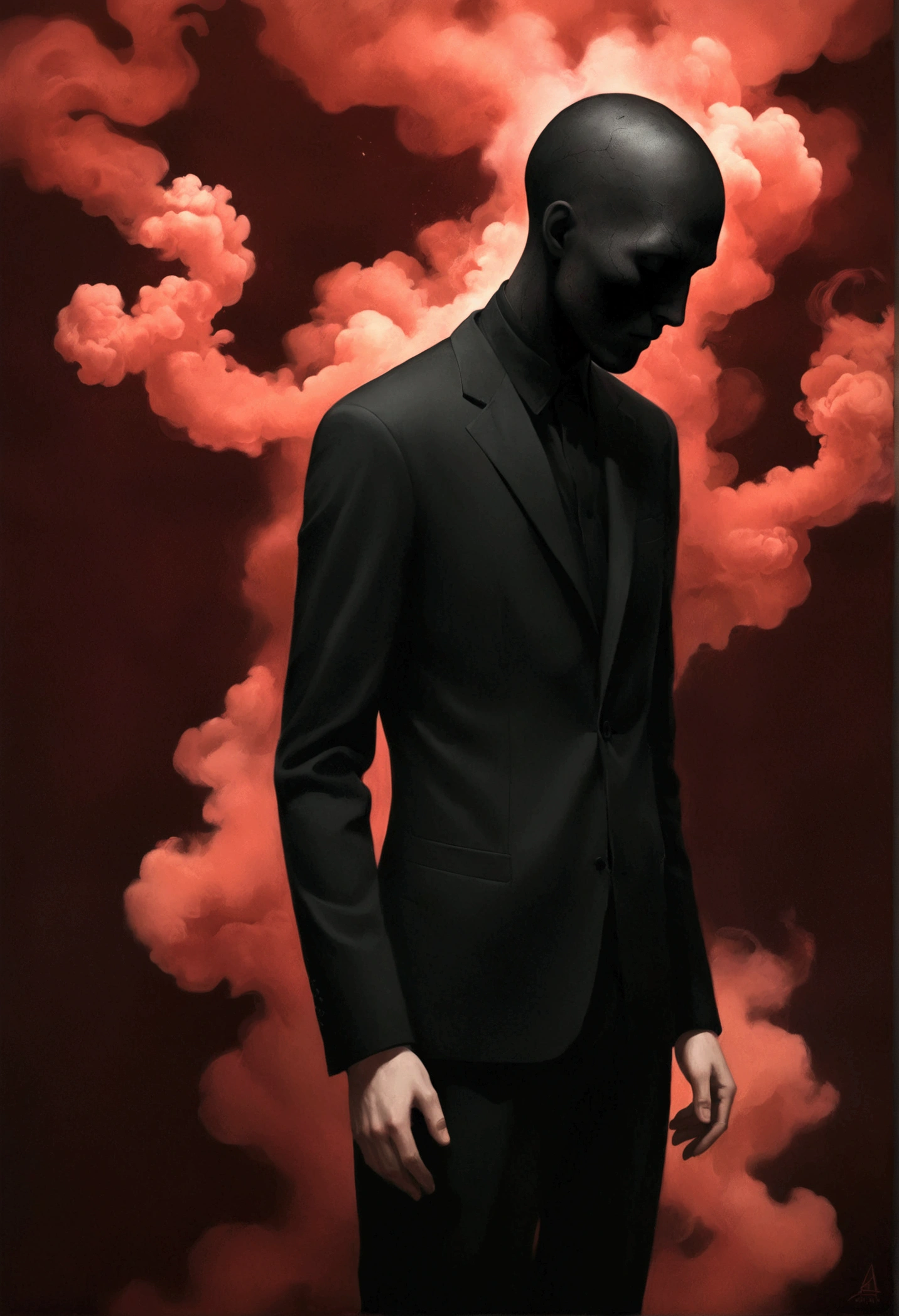  迷宫里的Faceless Man像, Faceless Man, Alessio Albi, Abstract Surrealism, Faceless Man dark, Unsettling horror limbo, Fractal human body outline, Red smoke